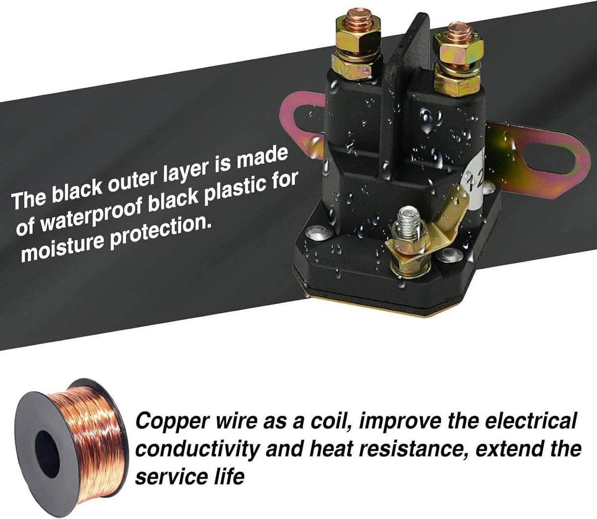 Black solenoid valve with copper coil and multiple copper-topped terminals