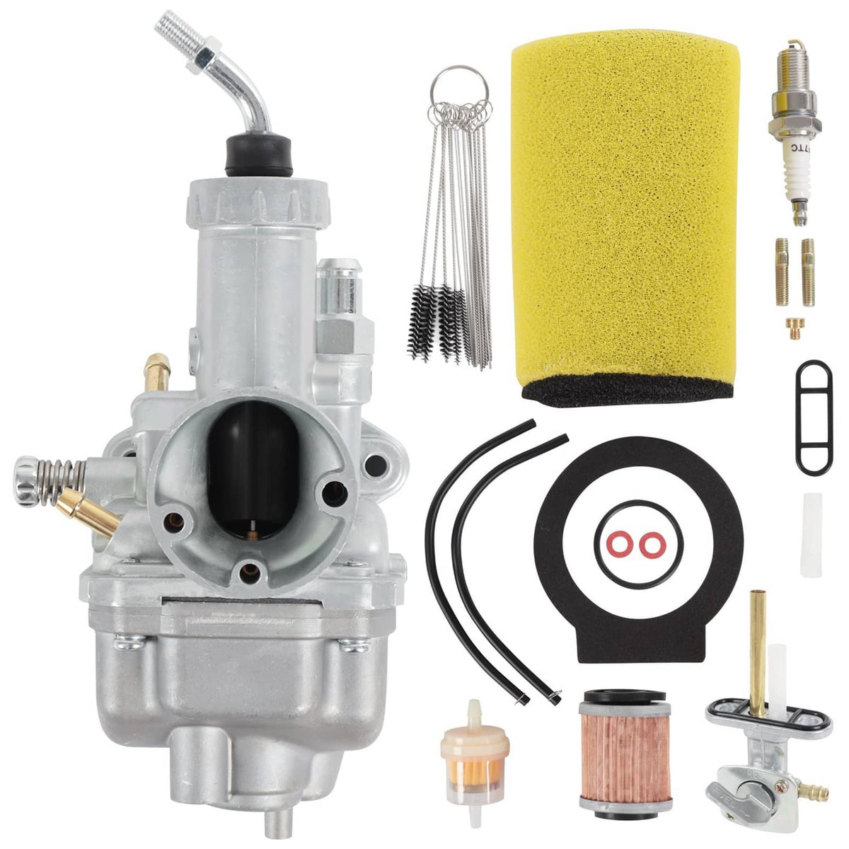 Carburetor assembly kit with filter parts, spark plug, fuel valve, and tools