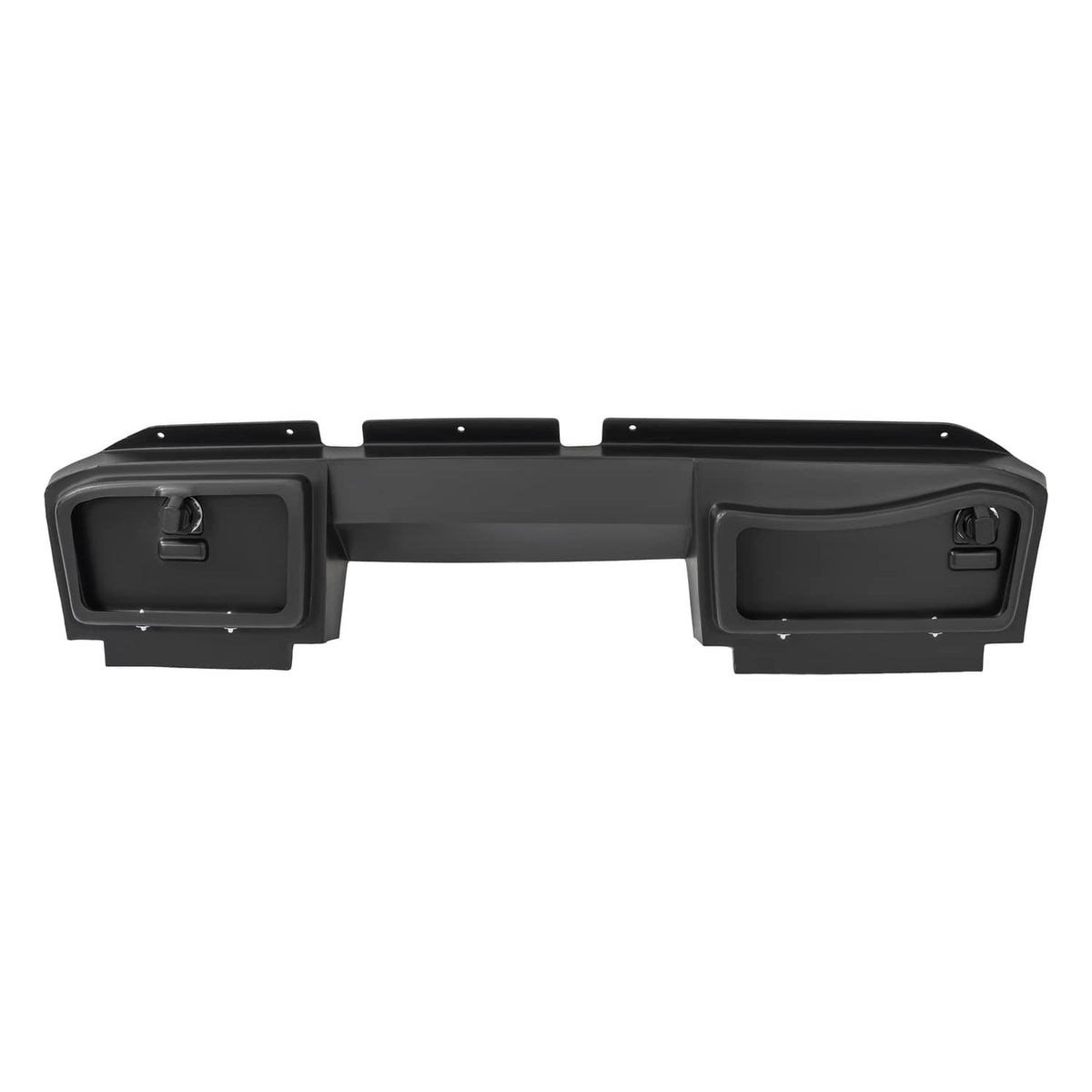 Rear view of black carbon-fiber style dash board cover with two end access panels