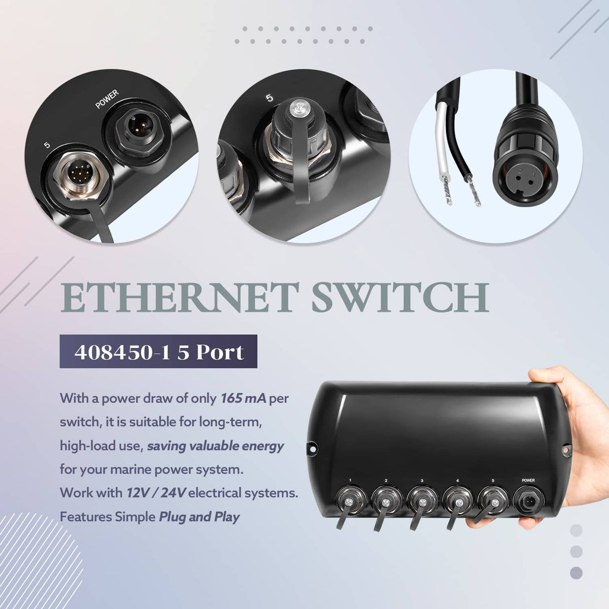 Black 5-port Ethernet switch with power and five network connectors, shown with cable.