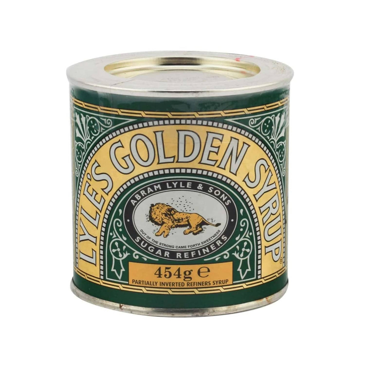 Golden syrup tin, green and gold label, round can with top opening, 454g