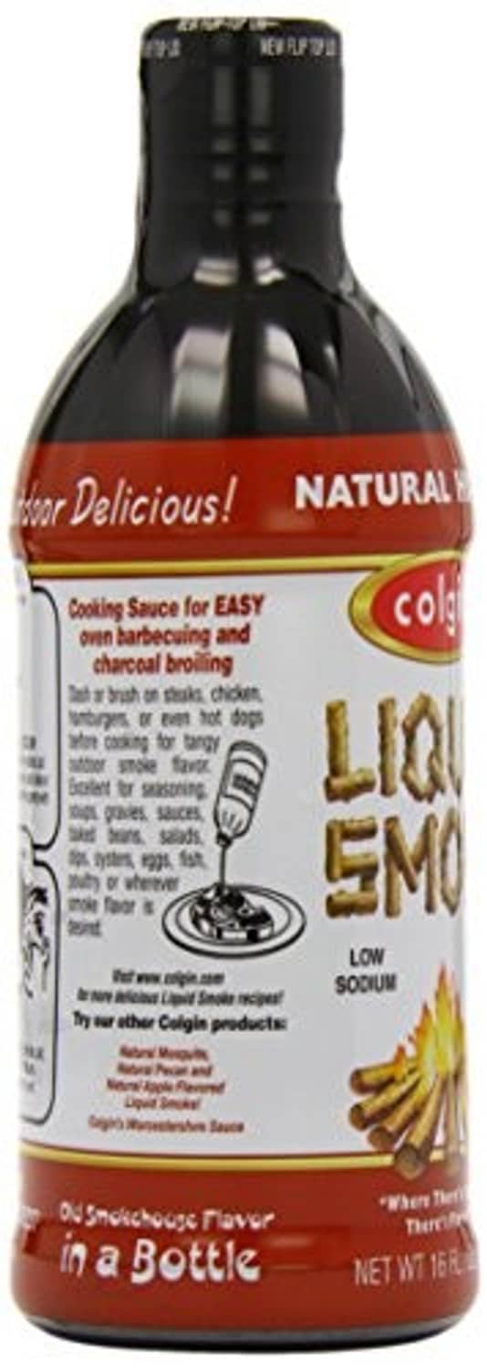 Colgin Liquid Smoke bottle side label with Easy barbecue directions and cooking icons.