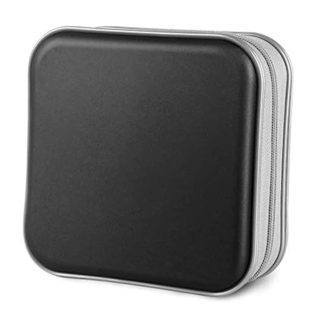 Black hard-shell CD wallet case with zipper closure, smooth rectangular design