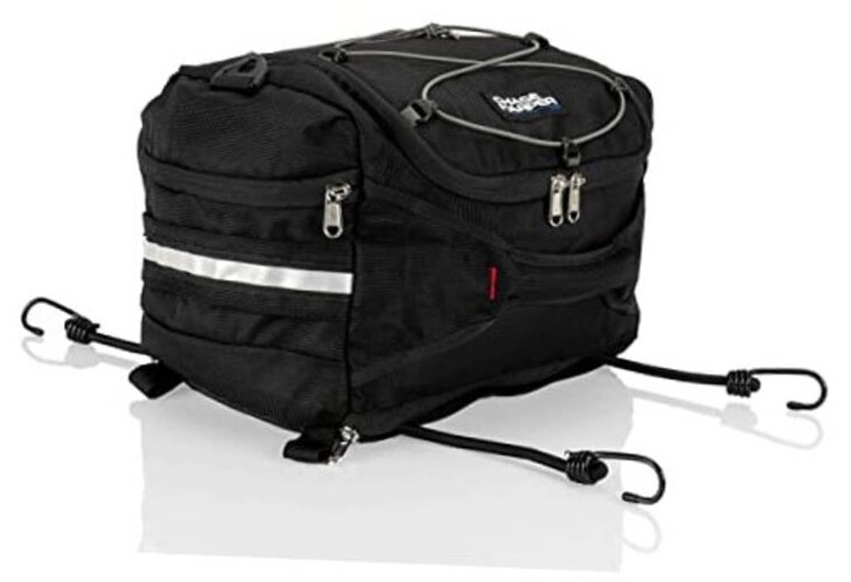 Black tail trunk bag with top bungee straps and reflective side stripe
