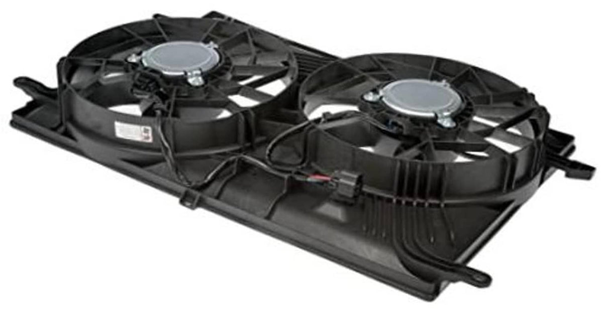 Engine cooling fan assembly with dual black cooling fans and mounting frame
