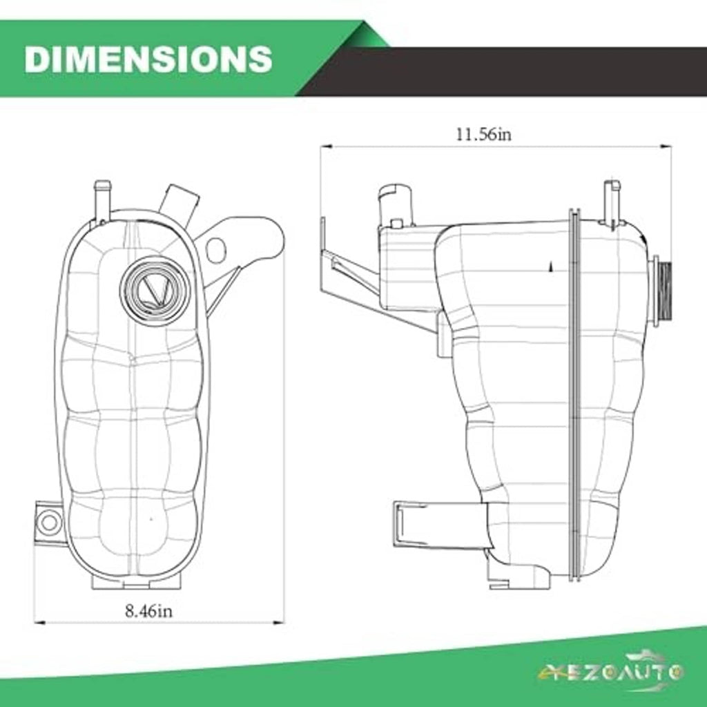Coolant reservoir dimensions diagram with black cap and side mounting bracket