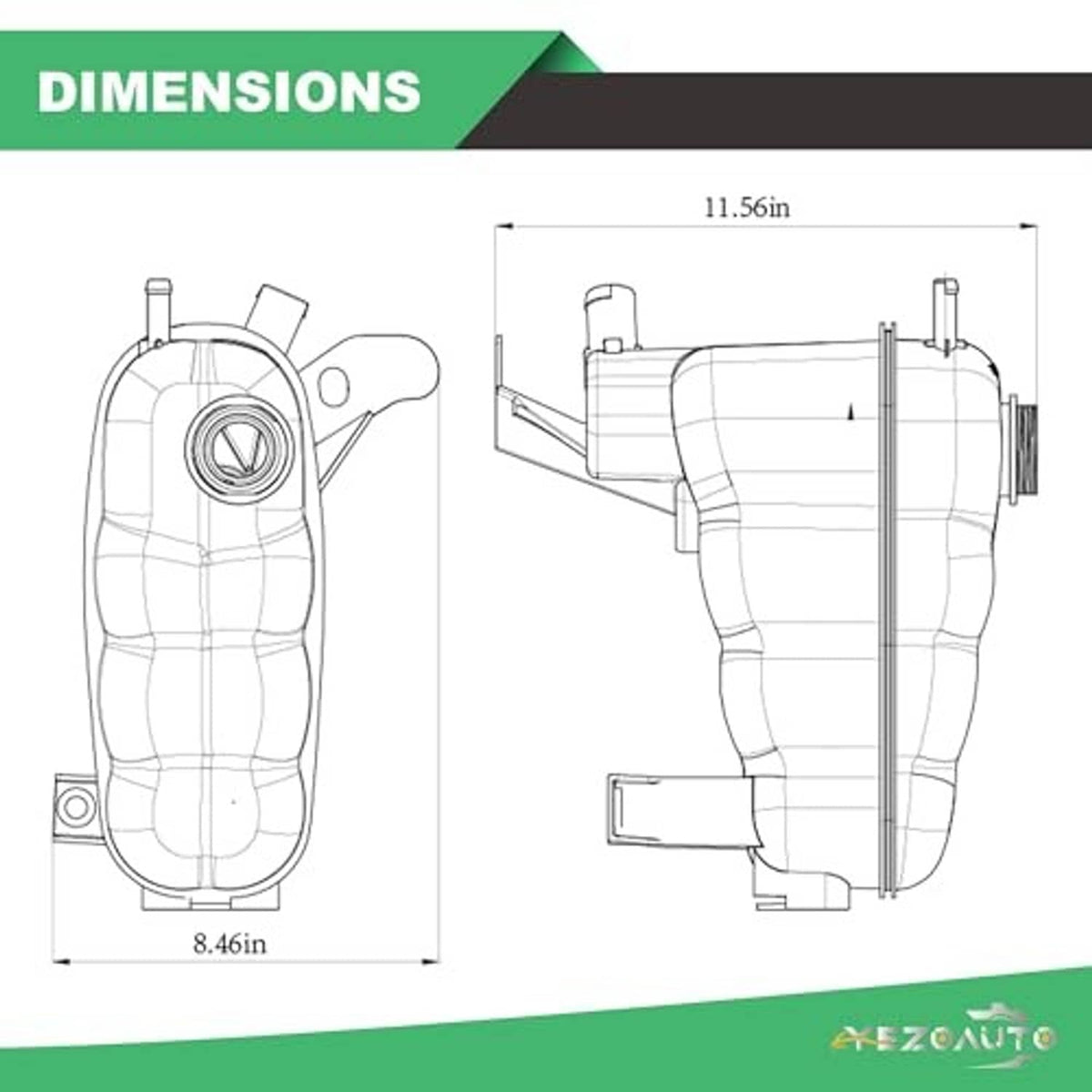Coolant reservoir dimensions diagram with black cap and side mounting bracket