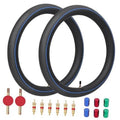 Pair of black mini dirt bike inner tubes with blue stripe and metal valve stems