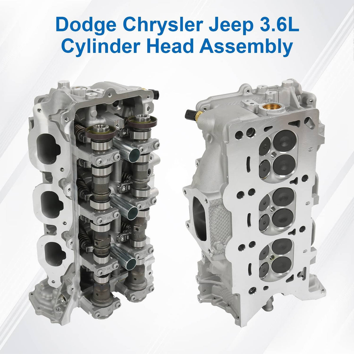 Cylinder head assembly showing cylinder ports and camshafts from two angles