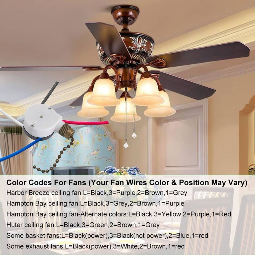 Ceiling fan pull-chain switch mounted on fan with bronze bead chain and wire leads