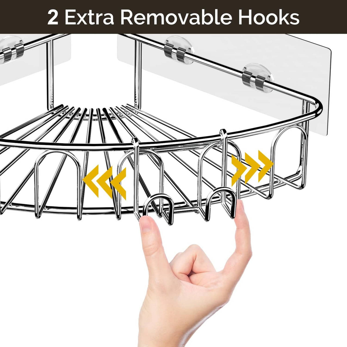 Orimade shower caddy with two extra removable hooks under the chrome wire shelf