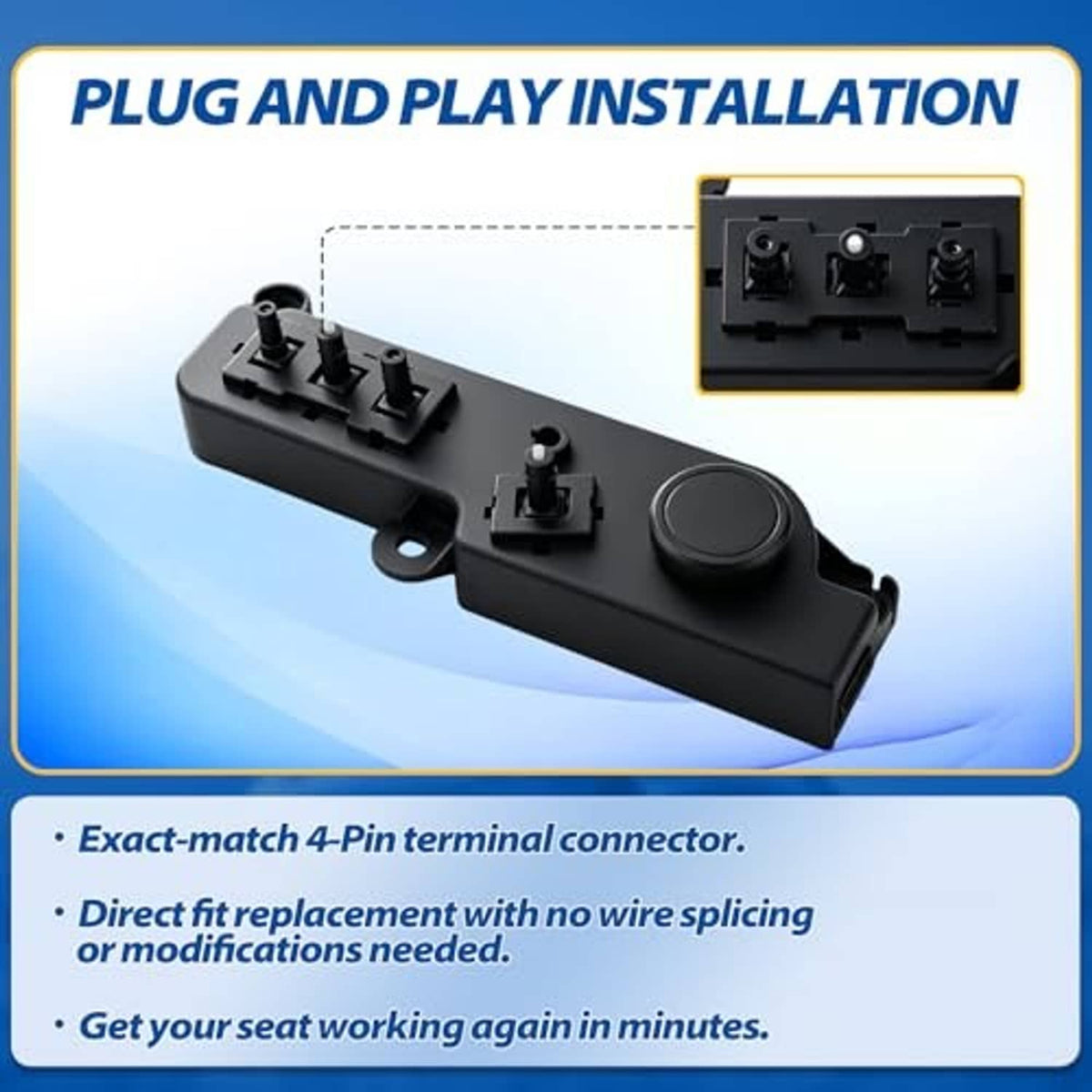 Black power seat switch module with round button and 4-pin connector area