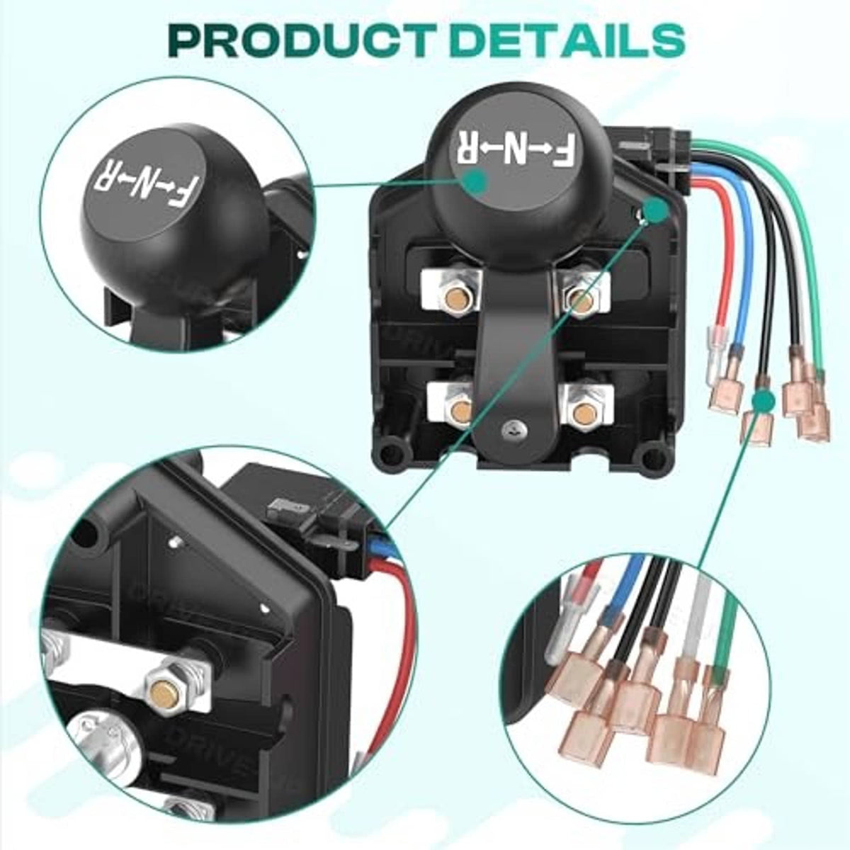 Black forward-reverse switch housing with F-N-R knob and multi-color wire connectors