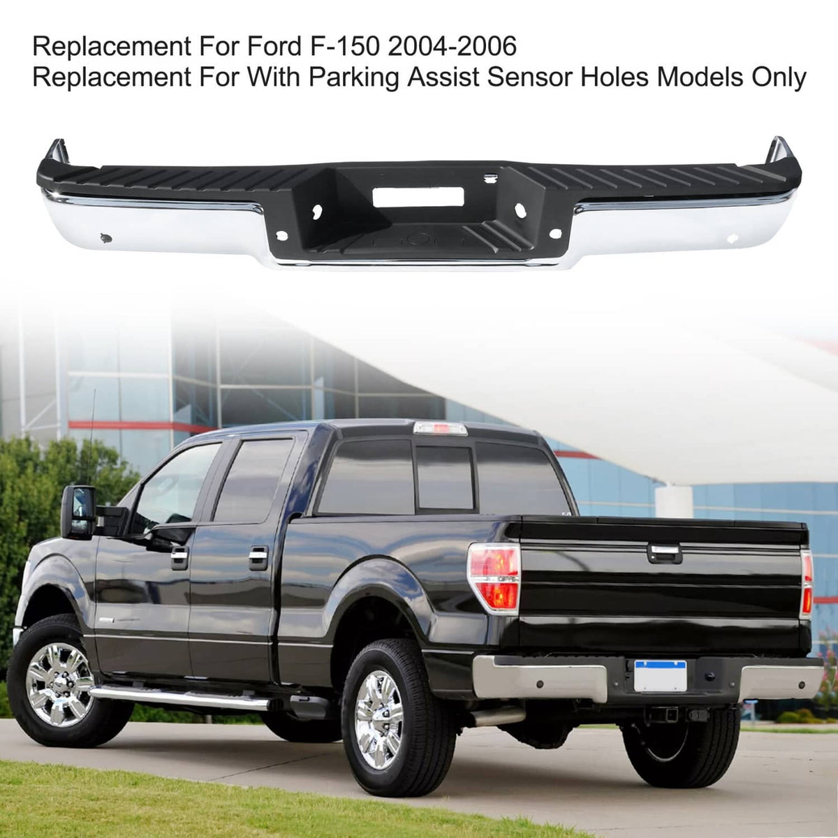 Rear step bumper replacement with black textured step cover and mounting cutouts