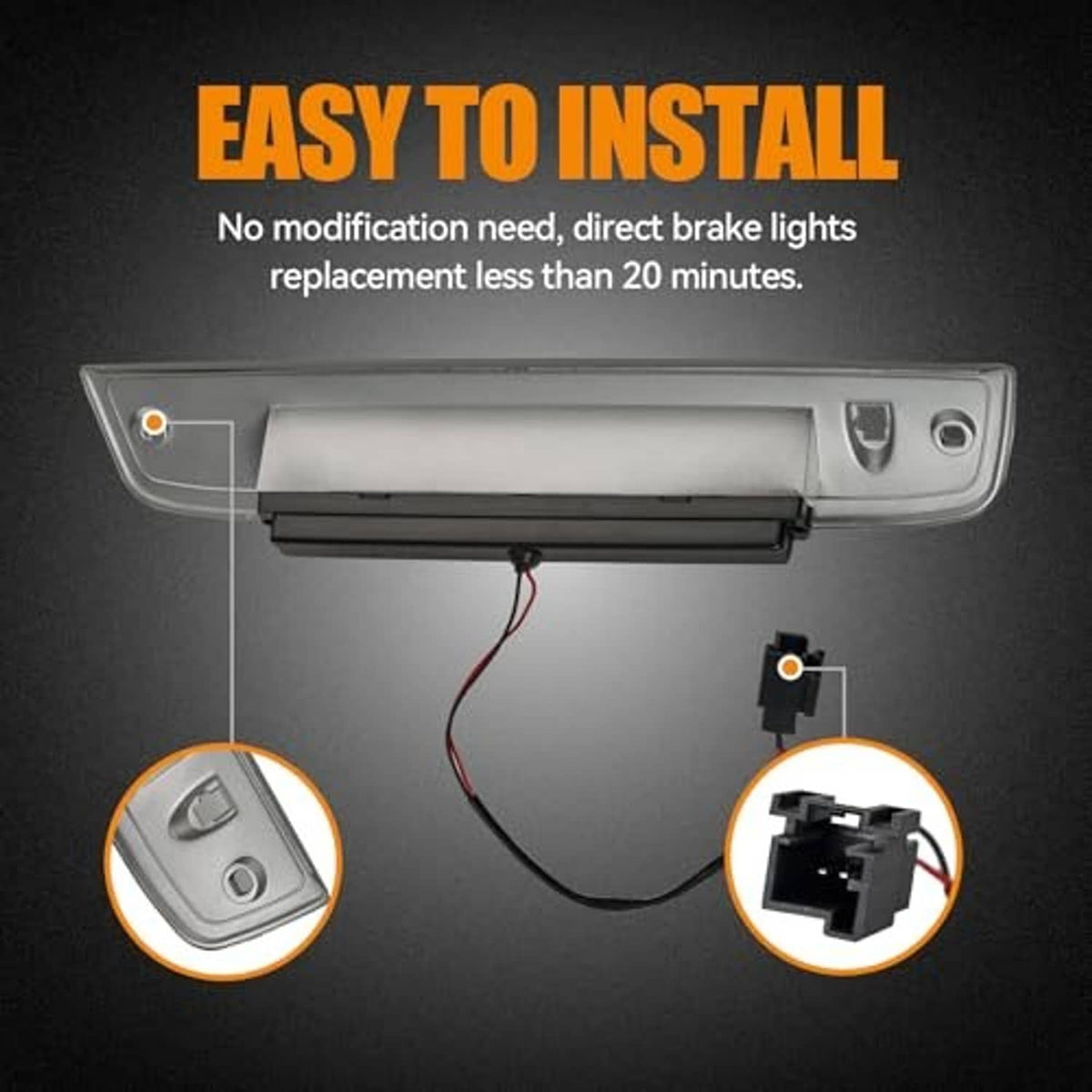 Third brake light LED module with wiring connector and mounting housing for installation