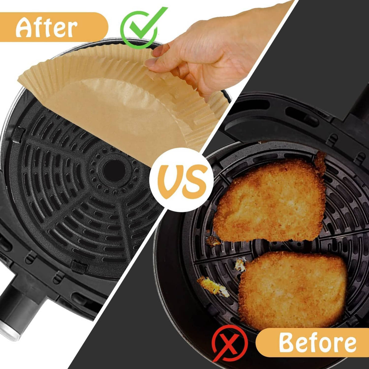 Hand placing a round disposable paper liner into an air fryer basket
