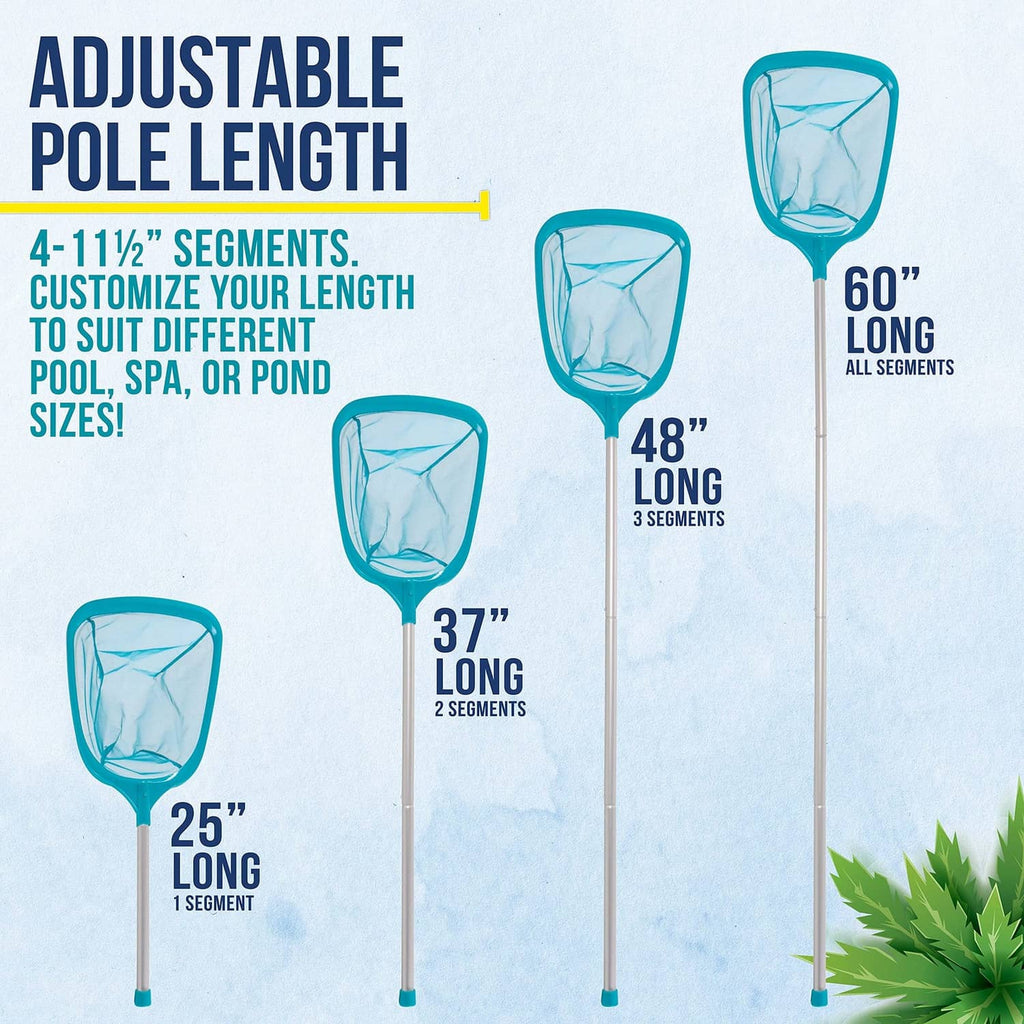 Adjustable leaf skimmer net with blue mesh scoop and segmented pole sections.