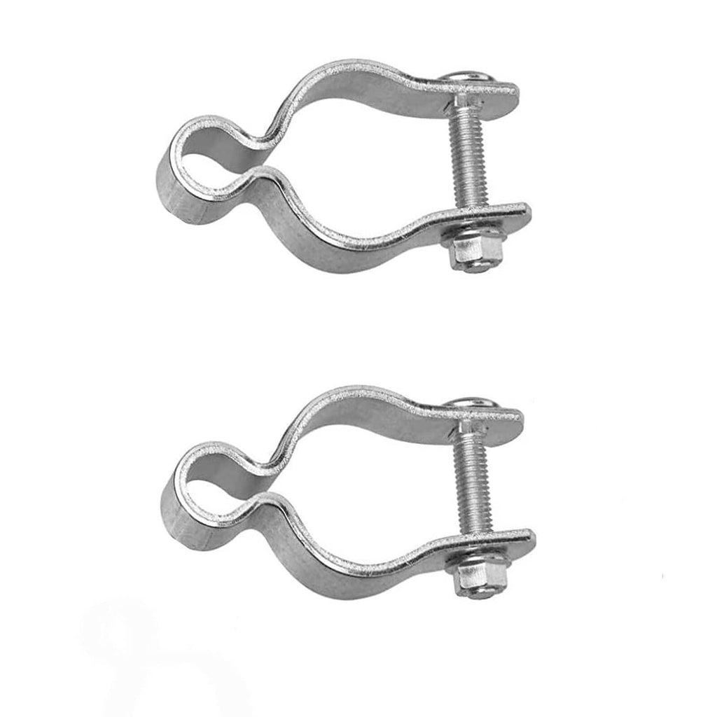 Galvanized metal gate post hinge set with bolts and U-shaped clamps, 2-pack.