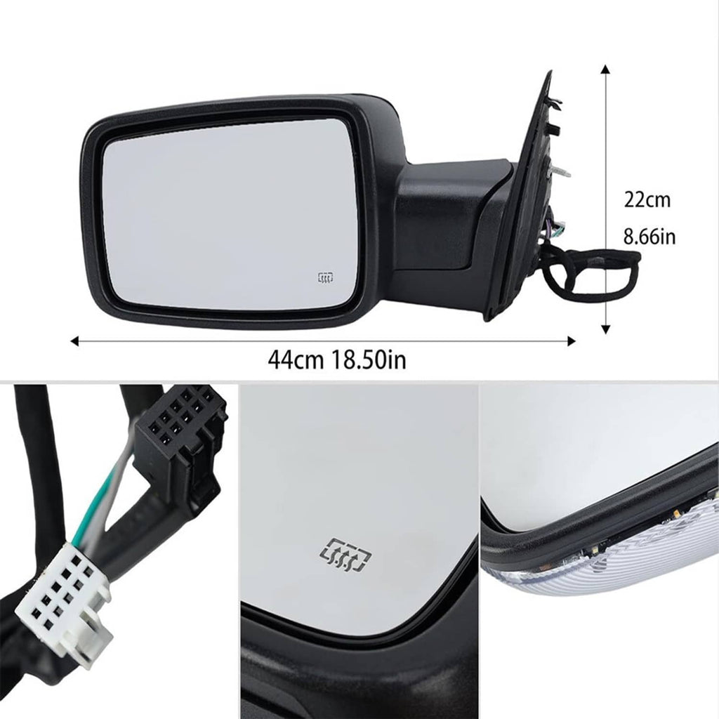Left side power folding mirror with dimensions marked, black housing and glass