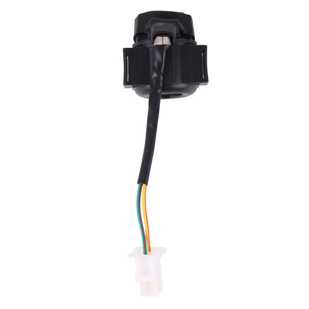 Starter relay solenoid with black body and long multi-color wire pigtail