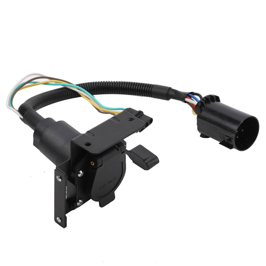 7-way trailer wiring harness with mounting plate, cable leads, and dual connector ends