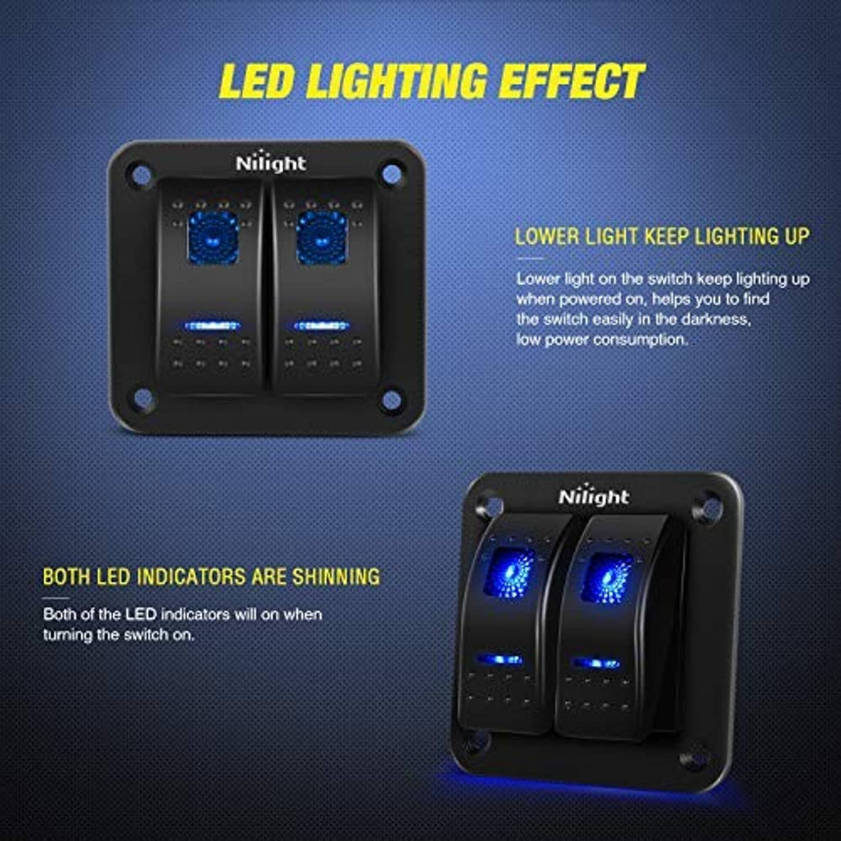 Nilight 2-gang rocker switch panel with two blue illuminated rocker switches