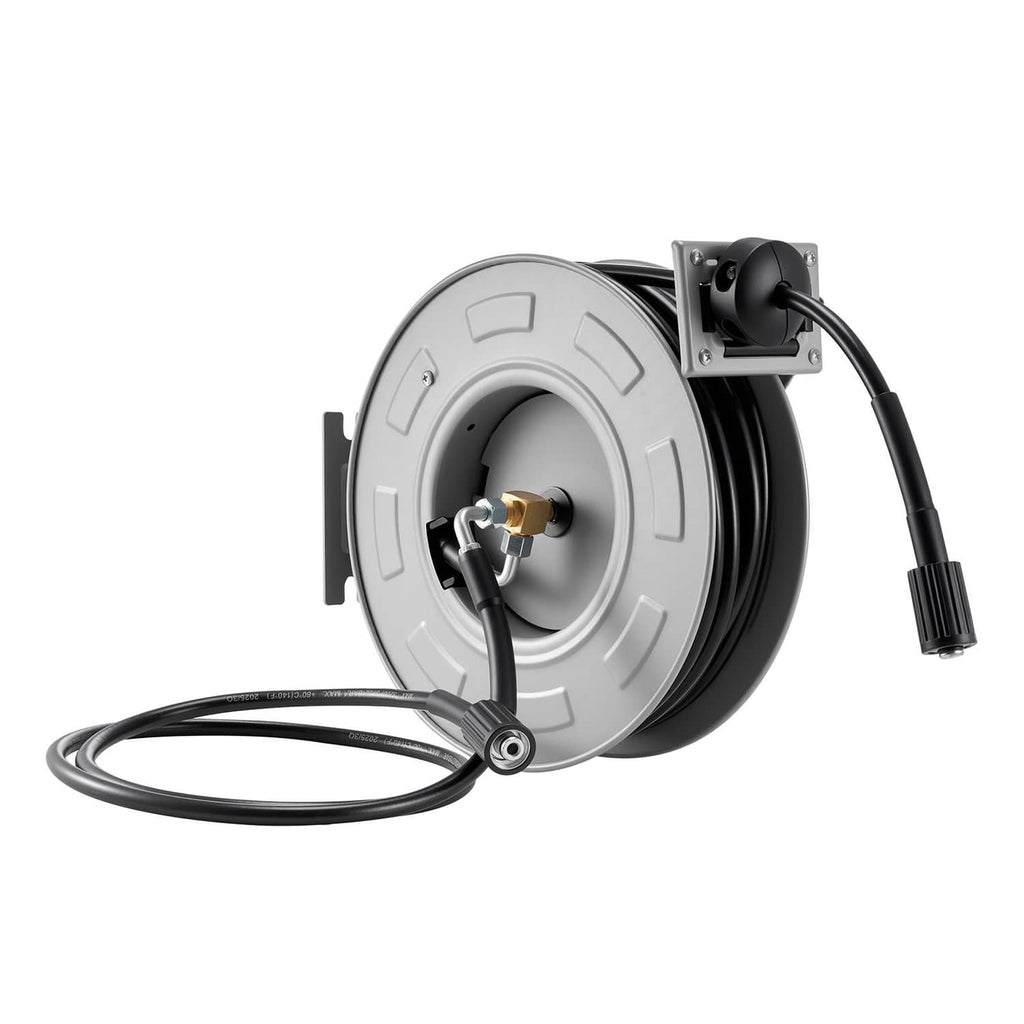 Pressure washer hose reel with black hose, side arm and quick-connect fittings