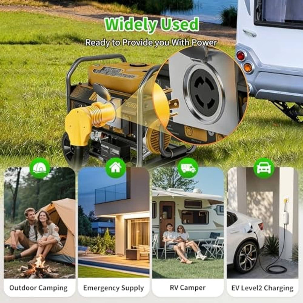 Yellow generator adapter installed on generator outlet with locking plug connection
