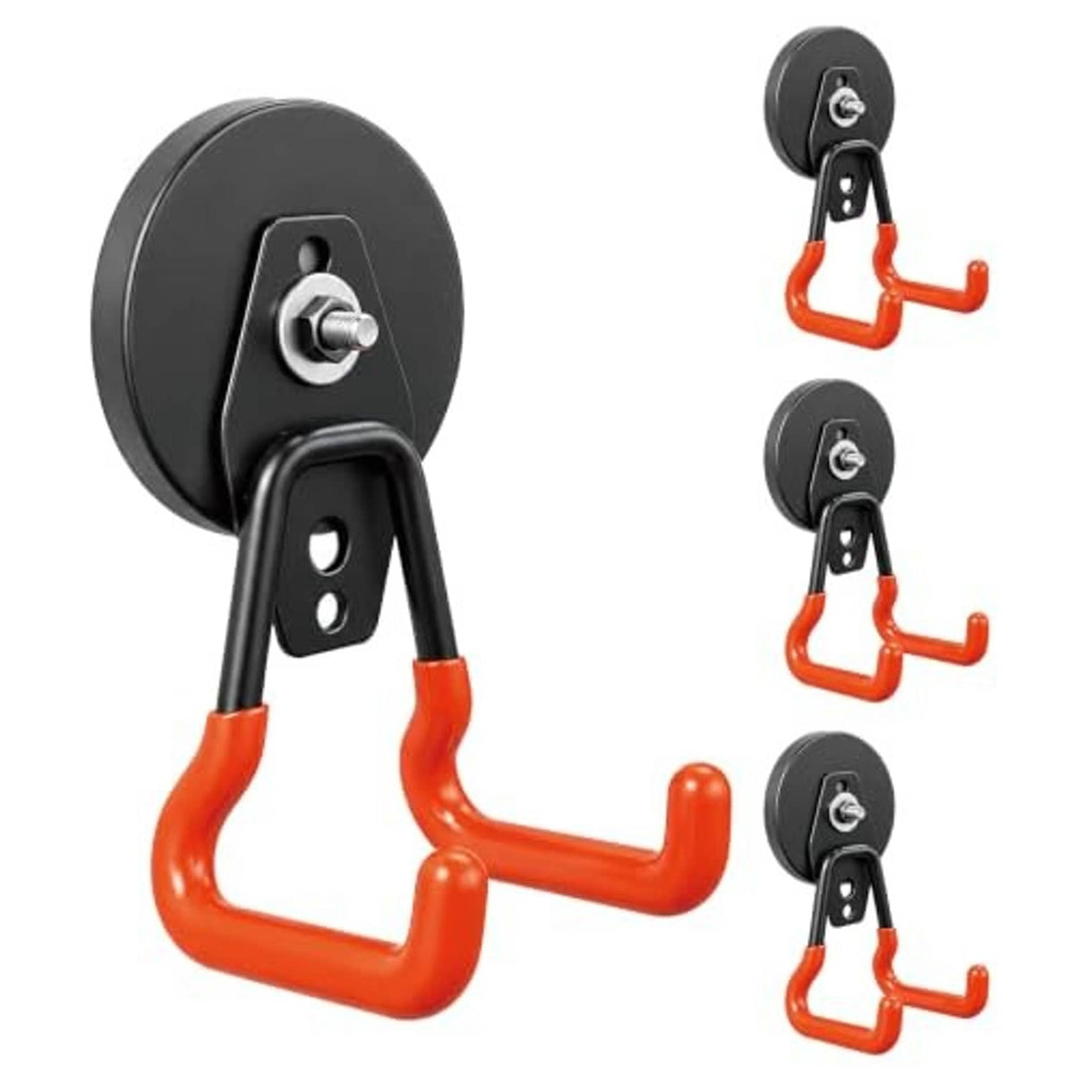 Magnetic hook set with black magnet base and orange rubber double-prong hook, close-up
