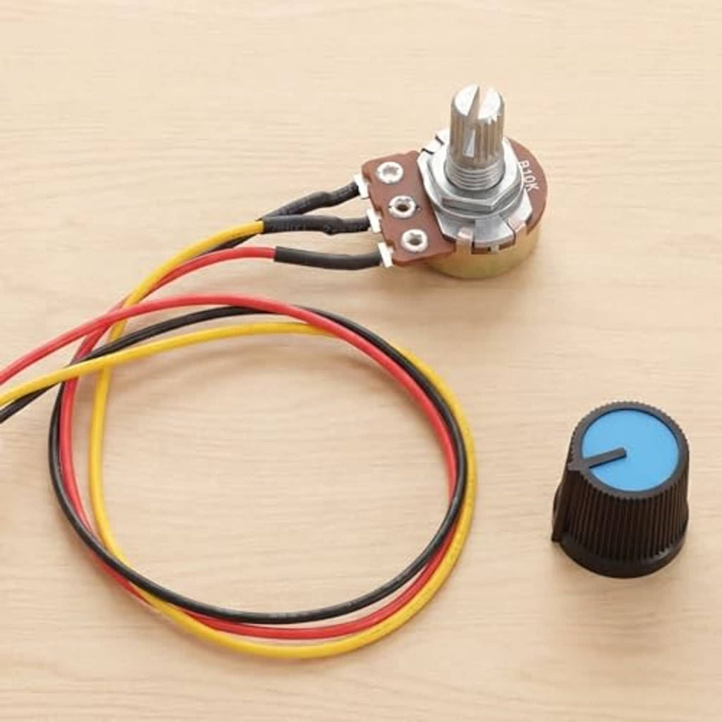 Knurled-shaft rotary potentiometer with blue knob and multicolor lead wires