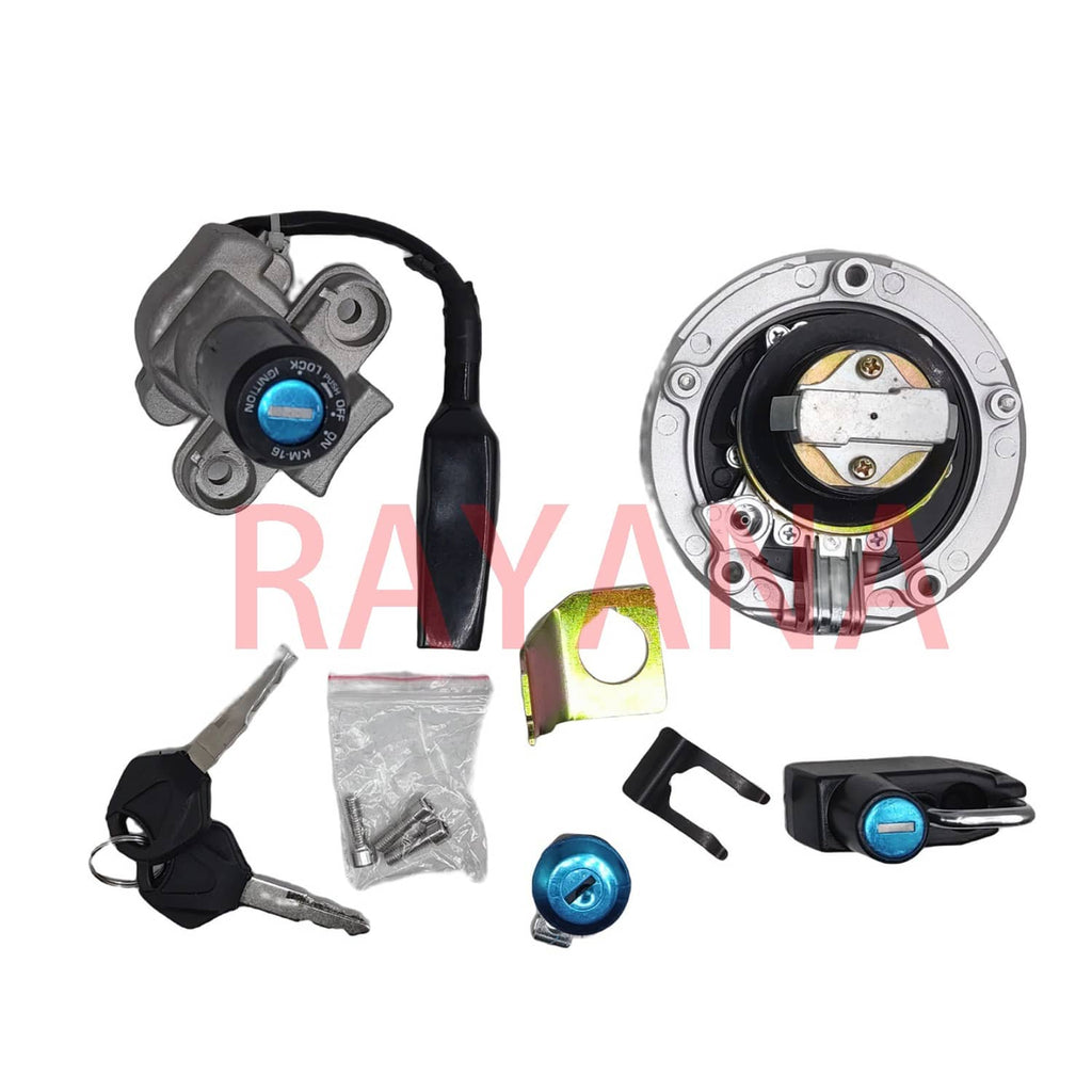 Fuel tank cap and ignition switch with exposed contacts, key, and fasteners