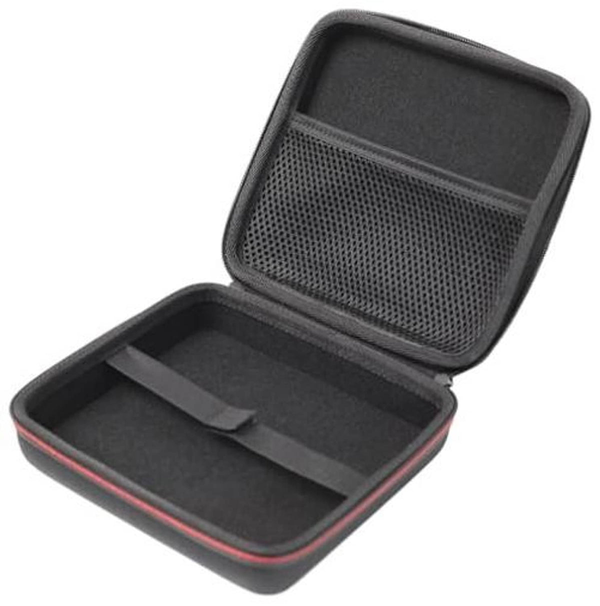 Protective hard shell case, open lid showing molded interior and mesh pocket