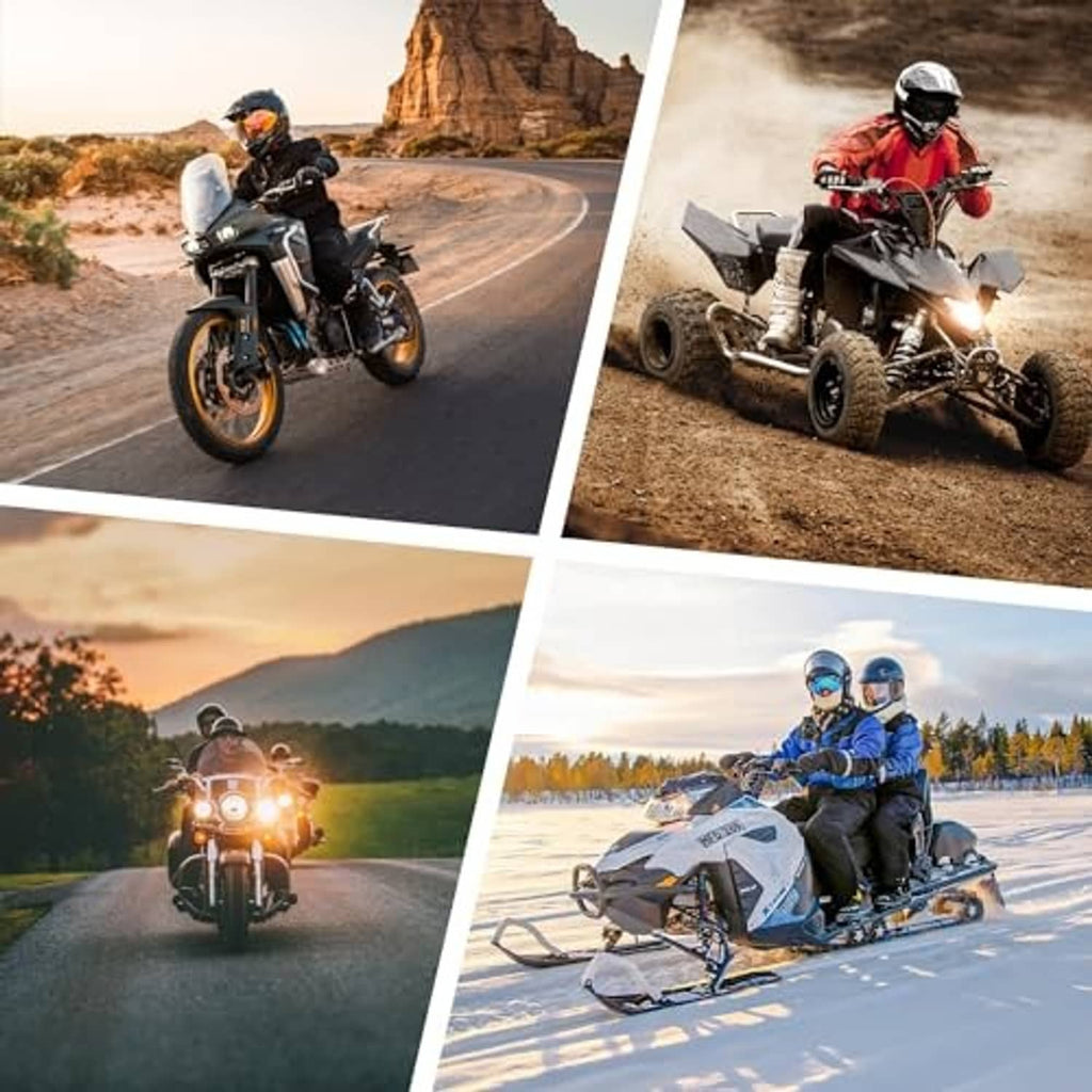 Four motorcycle riding scenes collage for road, off-road, and snow riding
