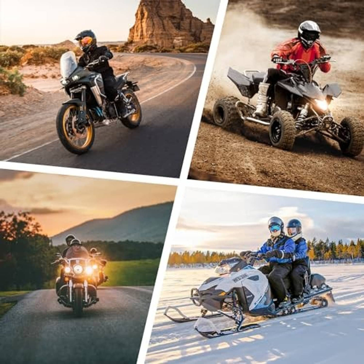 Four motorcycle riding scenes collage for road, off-road, and snow riding