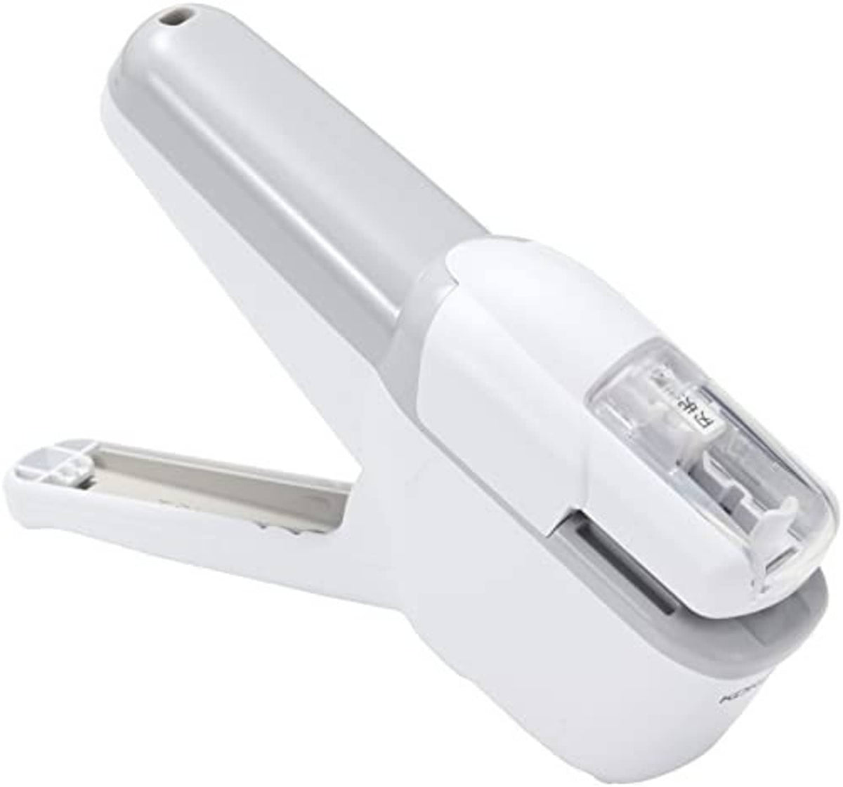 White stapleless stapler tool with clear cartridge window, angled side view