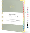 Olive green spiral planner cover with Planner label and 2026-2027 weekly monthly layout.