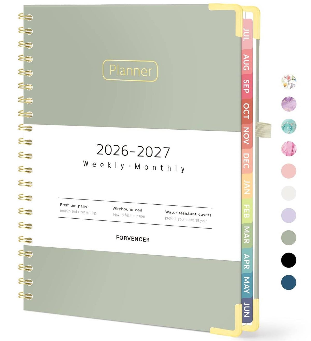 Olive green spiral planner cover with Planner label and 2026-2027 weekly monthly layout.
