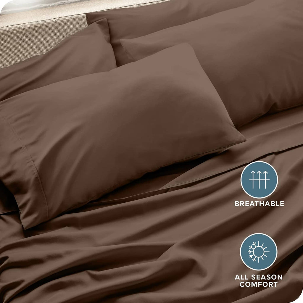 Cocoa brown pillowcase set on bed with smooth microfiber surface detail