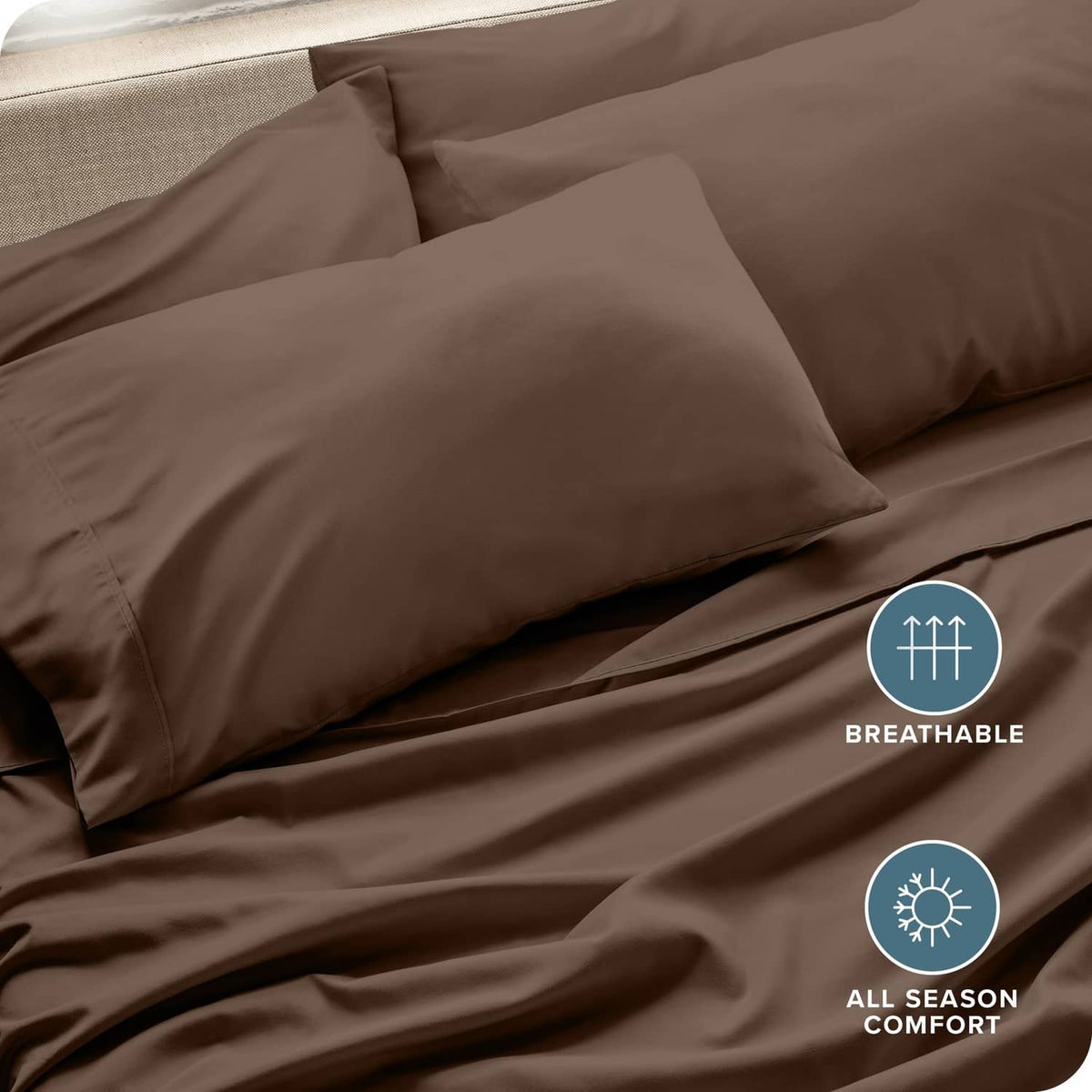 Cocoa brown pillowcase set on bed with smooth microfiber surface detail