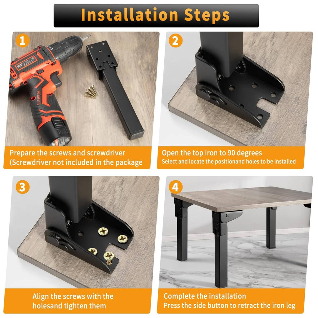 Black folding table legs being installed with screws on a tabletop frame