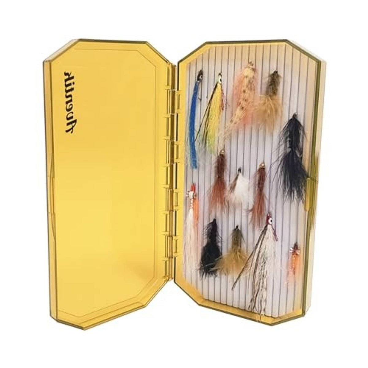 Yellow fly box open view with clear lid and multiple hanging fly lures