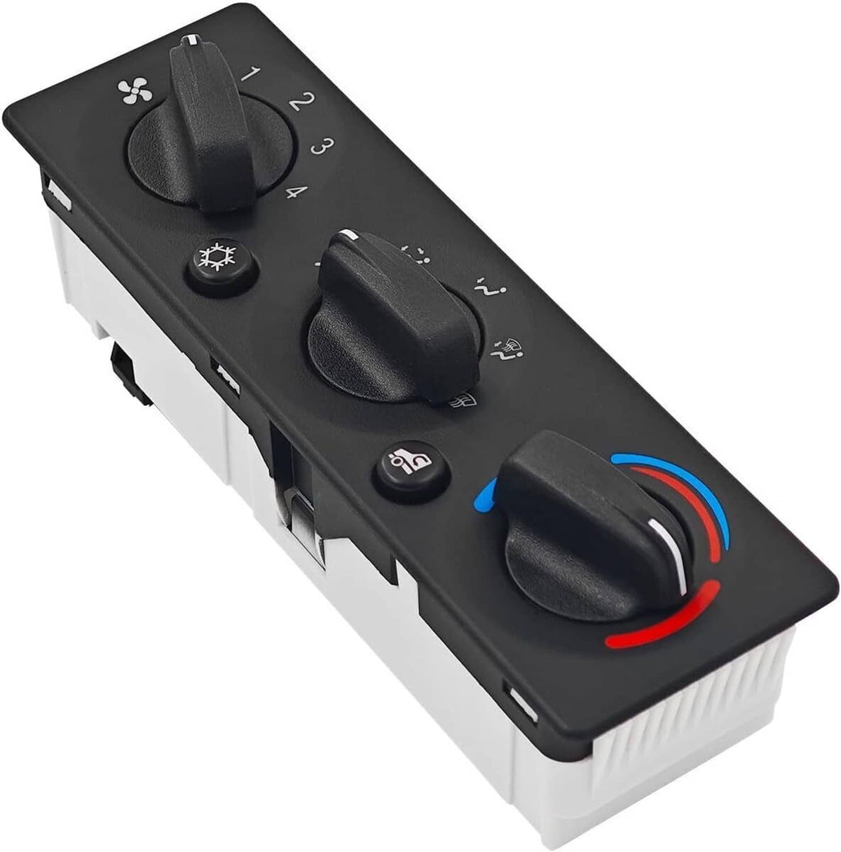 A/C climate control module panel angled view with airflow, mode, and temperature knobs