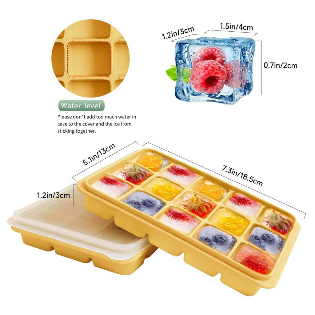 Yellow ice cube tray with clear lid, shown at an angled view