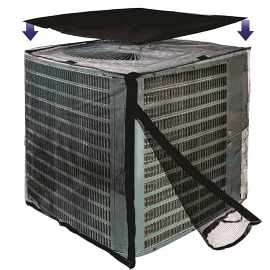 Square outdoor air conditioner cover with black top and side straps