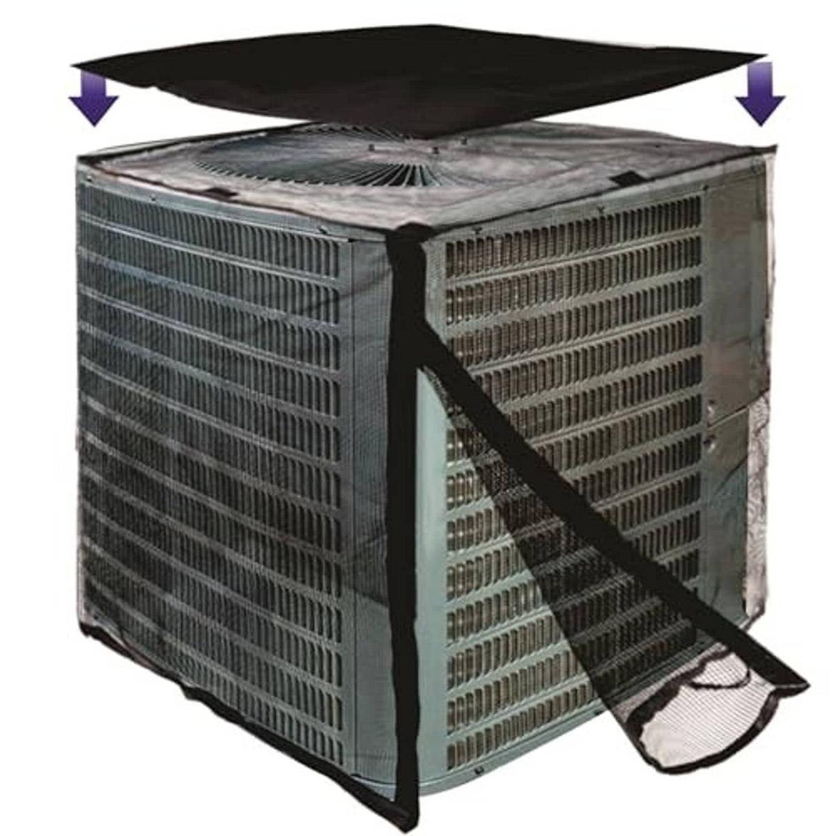 Square outdoor air conditioner cover with black top and side straps