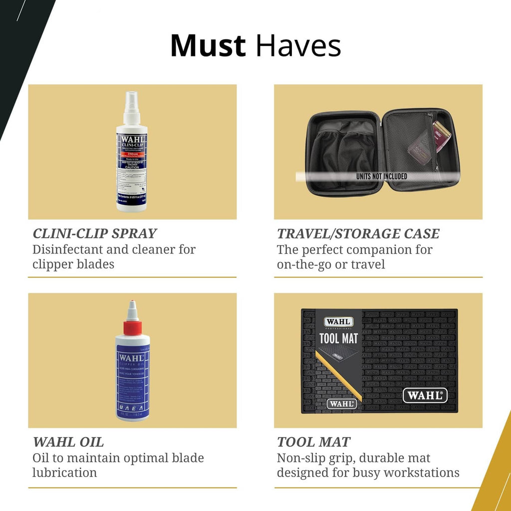 Clipper blade care set items: spray bottle, oil bottle, storage case, and tool mat