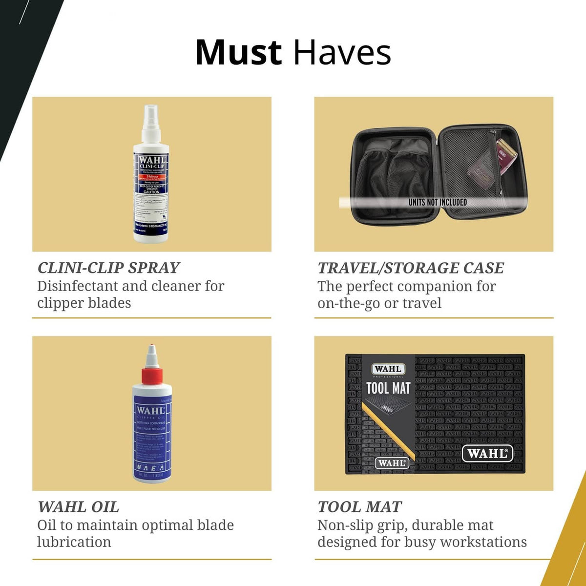 Clipper blade care set items: spray bottle, oil bottle, storage case, and tool mat
