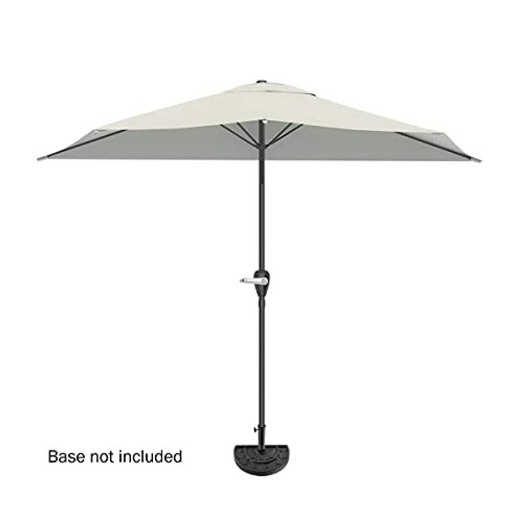 Tan half-round patio umbrella with black center pole and open canopy