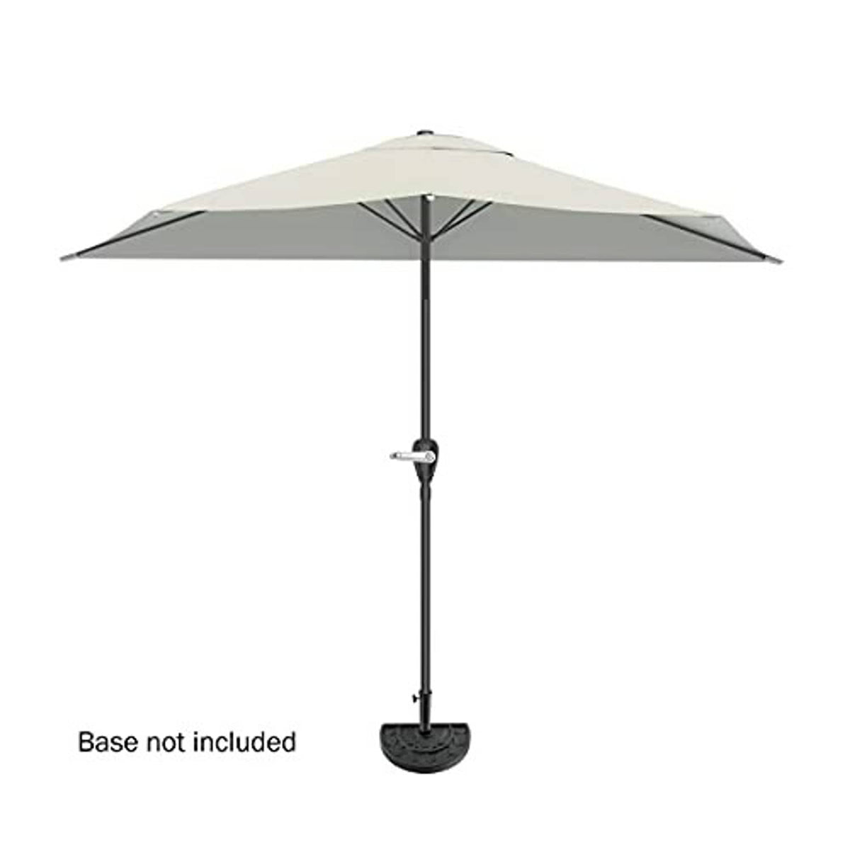Tan half-round patio umbrella with black center pole and open canopy