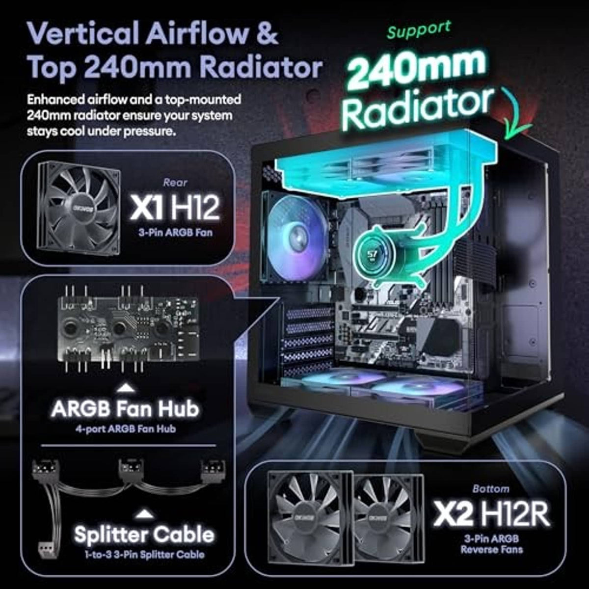 PC case interior with RGB fan and top radiator area, highlighting airflow support.